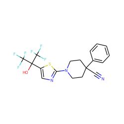 N#CC1(c2ccccc2)CCN(c2ncc(C(O)(C(F)(F)F)C(F)(F)F)s2)CC1 ZINC000064541004