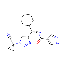 N#CC1(n2cc([C@@H](NC(=O)c3cn[nH]c3)C3CCCCC3)nn2)CC1 ZINC000095564037