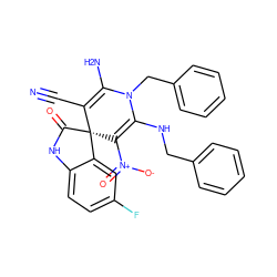 N#CC1=C(N)N(Cc2ccccc2)C(NCc2ccccc2)=C([N+](=O)[O-])[C@]12C(=O)Nc1ccc(F)cc12 ZINC000653708764