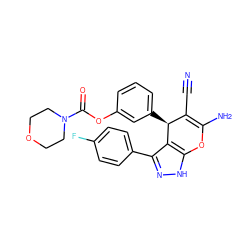 N#CC1=C(N)Oc2[nH]nc(-c3ccc(F)cc3)c2[C@H]1c1cccc(OC(=O)N2CCOCC2)c1 ZINC000004004894