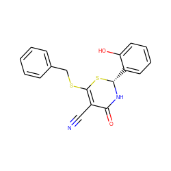 N#CC1=C(SCc2ccccc2)S[C@H](c2ccccc2O)NC1=O ZINC000001094957