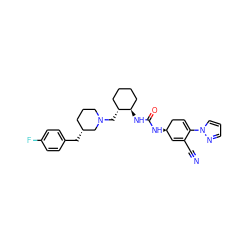 N#CC1=C[C@@H](NC(=O)N[C@@H]2CCCC[C@H]2CN2CCC[C@@H](Cc3ccc(F)cc3)C2)CC=C1n1cccn1 ZINC000036352004