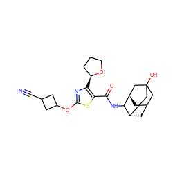 N#CC1CC(Oc2nc([C@H]3CCCO3)c(C(=O)NC3[C@H]4CC5C[C@H]3CC(O)(C5)C4)s2)C1 ZINC000103246835