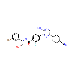 N#CC1CCC(c2cnc(N)c(-c3ccc(C(=O)N[C@H](CO)c4cc(F)cc(Br)c4)c(F)c3)n2)CC1 ZINC001772599008