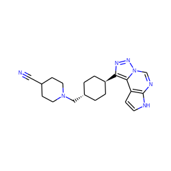 N#CC1CCN(C[C@H]2CC[C@H](c3nnn4cnc5[nH]ccc5c34)CC2)CC1 ZINC001772641483