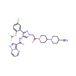 N#CC1CCN(C2CCN(C(=O)Cn3cc(NC(=O)c4cnn5cccnc45)c(-c4cc(Cl)ccc4OC(F)F)n3)CC2)CC1 ZINC001772602265