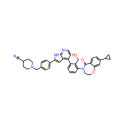 N#CC1CCN(Cc2ccc(-c3cc4c(-c5cccc(N6CCOc7cc(C8CC8)ccc7C6=O)c5CO)ccnc4[nH]3)cc2)CC1 ZINC001772654696