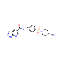 N#CC1CCN(S(=O)(=O)c2ccc(CNC(=O)c3cnc4[nH]ncc4c3)cc2)CC1 ZINC000169342462