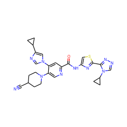 N#CC1CCN(c2cnc(C(=O)Nc3csc(-c4nncn4C4CC4)n3)cc2-n2cnc(C3CC3)c2)CC1 ZINC001772572972