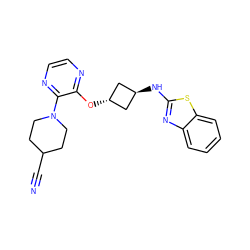 N#CC1CCN(c2nccnc2O[C@H]2C[C@H](Nc3nc4ccccc4s3)C2)CC1 ZINC000146156762