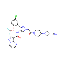 N#CC1CN(C2CCN(C(=O)Cn3cc(NC(=O)c4cnn5cccnc45)c(-c4cc(Cl)ccc4OC(F)F)n3)CC2)C1 ZINC001772570187