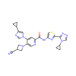 N#CC1CN(c2cnc(C(=O)Nc3csc(-c4nncn4C4CC4)n3)cc2-n2cnc(C3CC3)c2)C1 ZINC001772585065