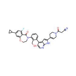 N#CCC(=O)N1CC=C(c2cc3c(-c4cccc(N5CCOc6cc(C7CC7)cc(F)c6C5=O)c4CO)ccnc3[nH]2)CC1 ZINC000205728502