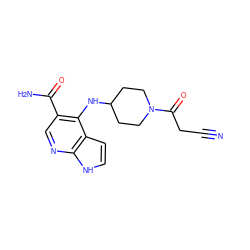 N#CCC(=O)N1CCC(Nc2c(C(N)=O)cnc3[nH]ccc23)CC1 ZINC000118034024