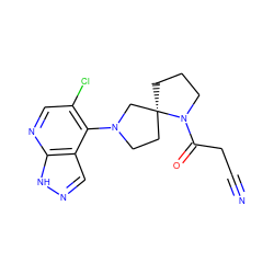 N#CCC(=O)N1CCC[C@@]12CCN(c1c(Cl)cnc3[nH]ncc13)C2 ZINC000169699028