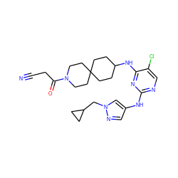 N#CCC(=O)N1CCC2(CCC(Nc3nc(Nc4cnn(CC5CC5)c4)ncc3Cl)CC2)CC1 ZINC001772576412