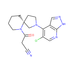 N#CCC(=O)N1CCCC[C@@]12CCN(c1c(Cl)cnc3[nH]ncc13)C2 ZINC000169699030