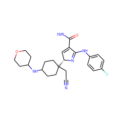 N#CCC1([C@@H]2C=C(C(N)=O)C(Nc3ccc(F)cc3)=N2)CCC(NC2CCOCC2)CC1 ZINC000219780187