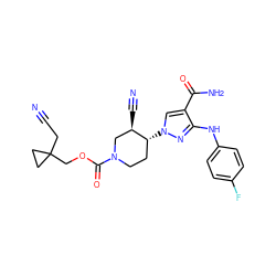 N#CCC1(COC(=O)N2CC[C@@H](n3cc(C(N)=O)c(Nc4ccc(F)cc4)n3)[C@H](C#N)C2)CC1 ZINC000220687245