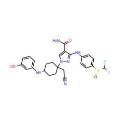 N#CCC1(n2cc(C(N)=O)c(Nc3ccc([S@@+]([O-])C(F)F)cc3)n2)CCC(Nc2cccc(O)c2)CC1 ZINC000219867963