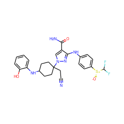 N#CCC1(n2cc(C(N)=O)c(Nc3ccc([S@@+]([O-])C(F)F)cc3)n2)CCC(Nc2ccccc2O)CC1 ZINC000219871414