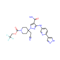 N#CCC1(n2cc(C(N)=O)c(Nc3ccc(-c4cn[nH]c4)nc3)n2)CCN(C(=O)OCC(F)(F)F)CC1 ZINC000206470197