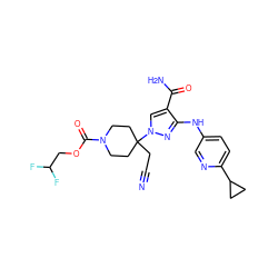 N#CCC1(n2cc(C(N)=O)c(Nc3ccc(C4CC4)nc3)n2)CCN(C(=O)OCC(F)F)CC1 ZINC000222085417