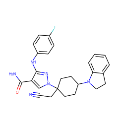 N#CCC1(n2cc(C(N)=O)c(Nc3ccc(F)cc3)n2)CCC(N2CCc3ccccc32)CC1 ZINC000220989875