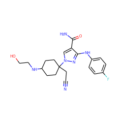 N#CCC1(n2cc(C(N)=O)c(Nc3ccc(F)cc3)n2)CCC(NCCO)CC1 ZINC000222078802