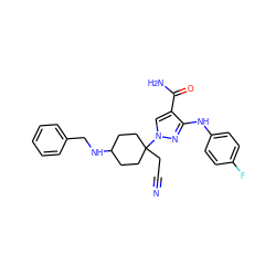 N#CCC1(n2cc(C(N)=O)c(Nc3ccc(F)cc3)n2)CCC(NCc2ccccc2)CC1 ZINC000220974394