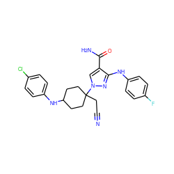 N#CCC1(n2cc(C(N)=O)c(Nc3ccc(F)cc3)n2)CCC(Nc2ccc(Cl)cc2)CC1 ZINC000220994037