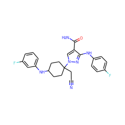 N#CCC1(n2cc(C(N)=O)c(Nc3ccc(F)cc3)n2)CCC(Nc2cccc(F)c2)CC1 ZINC000222094693