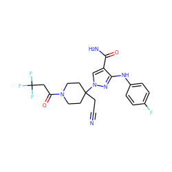 N#CCC1(n2cc(C(N)=O)c(Nc3ccc(F)cc3)n2)CCN(C(=O)CC(F)(F)F)CC1 ZINC000218410507