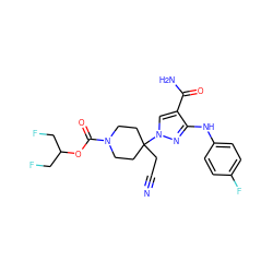 N#CCC1(n2cc(C(N)=O)c(Nc3ccc(F)cc3)n2)CCN(C(=O)OC(CF)CF)CC1 ZINC000222100854