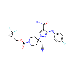 N#CCC1(n2cc(C(N)=O)c(Nc3ccc(F)cc3)n2)CCN(C(=O)OC[C@@H]2CC2(F)F)CC1 ZINC000222088563