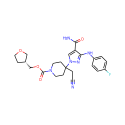 N#CCC1(n2cc(C(N)=O)c(Nc3ccc(F)cc3)n2)CCN(C(=O)OC[C@@H]2CCOC2)CC1 ZINC000222089231