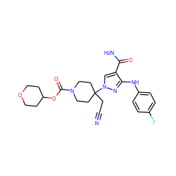 N#CCC1(n2cc(C(N)=O)c(Nc3ccc(F)cc3)n2)CCN(C(=O)OC2CCOCC2)CC1 ZINC000219275548