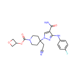 N#CCC1(n2cc(C(N)=O)c(Nc3ccc(F)cc3)n2)CCN(C(=O)OC2COC2)CC1 ZINC000222089908