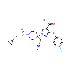 N#CCC1(n2cc(C(N)=O)c(Nc3ccc(F)cc3)n2)CCN(C(=O)OCC2CC2)CC1 ZINC000222090016