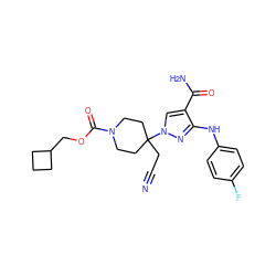 N#CCC1(n2cc(C(N)=O)c(Nc3ccc(F)cc3)n2)CCN(C(=O)OCC2CCC2)CC1 ZINC000220995582