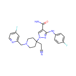 N#CCC1(n2cc(C(N)=O)c(Nc3ccc(F)cc3)n2)CCN(Cc2cc(F)ccn2)CC1 ZINC000219332683