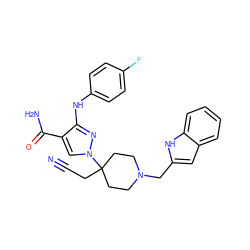 N#CCC1(n2cc(C(N)=O)c(Nc3ccc(F)cc3)n2)CCN(Cc2cc3ccccc3[nH]2)CC1 ZINC000222072739