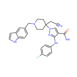 N#CCC1(n2cc(C(N)=O)c(Nc3ccc(F)cc3)n2)CCN(Cc2ccc3[nH]ccc3c2)CC1 ZINC000222082153