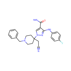 N#CCC1(n2cc(C(N)=O)c(Nc3ccc(F)cc3)n2)CCN(Cc2ccccc2)CC1 ZINC000221010670