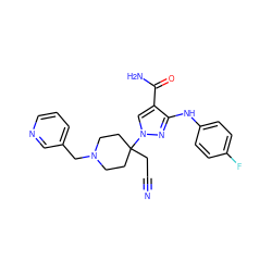 N#CCC1(n2cc(C(N)=O)c(Nc3ccc(F)cc3)n2)CCN(Cc2cccnc2)CC1 ZINC000222082079