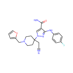 N#CCC1(n2cc(C(N)=O)c(Nc3ccc(F)cc3)n2)CCN(Cc2ccco2)CC1 ZINC000220998721