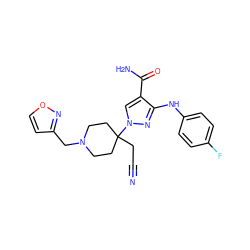 N#CCC1(n2cc(C(N)=O)c(Nc3ccc(F)cc3)n2)CCN(Cc2ccon2)CC1 ZINC000222073500