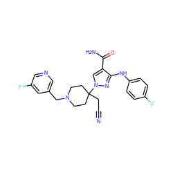 N#CCC1(n2cc(C(N)=O)c(Nc3ccc(F)cc3)n2)CCN(Cc2cncc(F)c2)CC1 ZINC000221012475