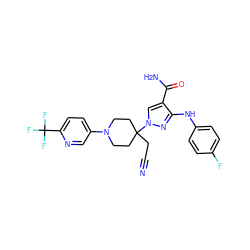 N#CCC1(n2cc(C(N)=O)c(Nc3ccc(F)cc3)n2)CCN(c2ccc(C(F)(F)F)nc2)CC1 ZINC000220980060