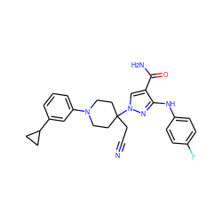 N#CCC1(n2cc(C(N)=O)c(Nc3ccc(F)cc3)n2)CCN(c2cccc(C3CC3)c2)CC1 ZINC000205051059